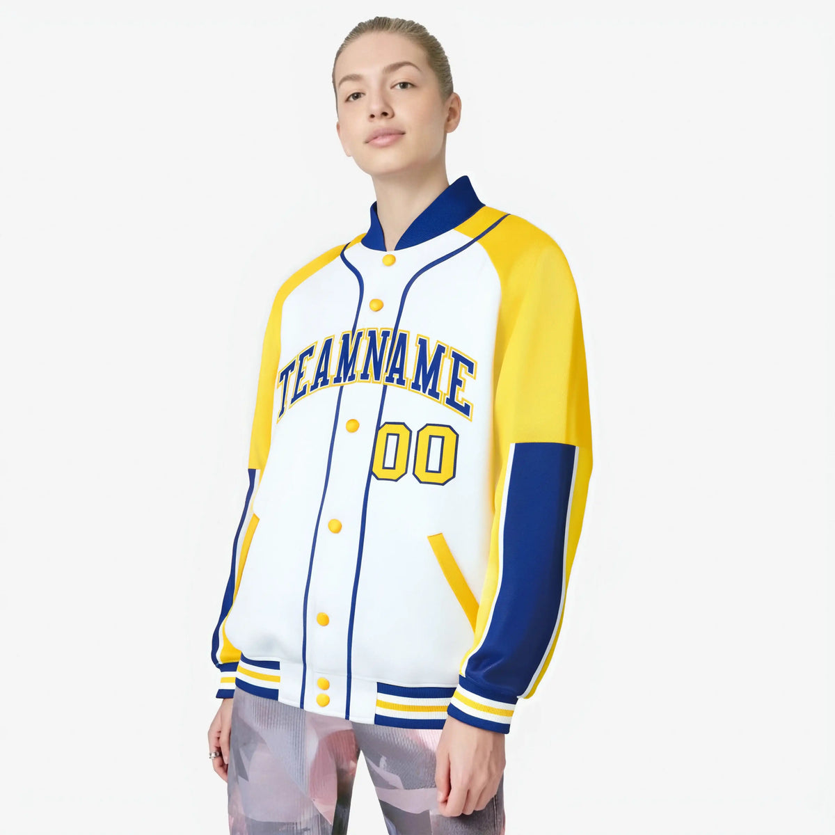 Custom White Gold-Royal Blue Varsity Full-Snap Color Block Letterman Jacket