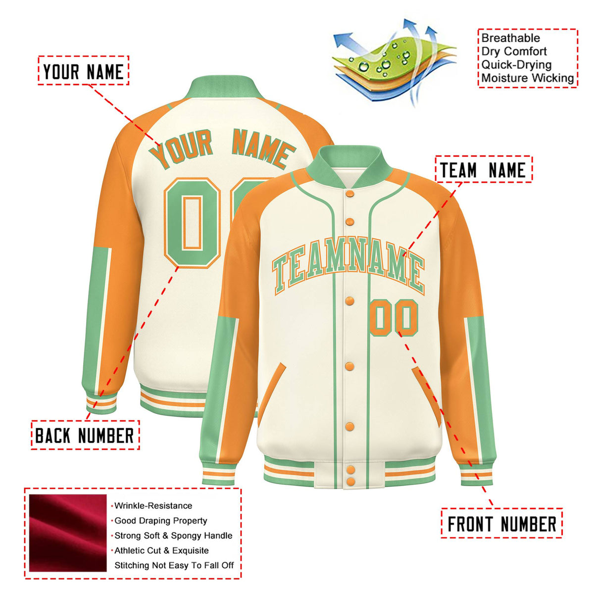 Custom Cream Yellow-Bright green Varsity Full-Snap Color Block Letterman Jacket
