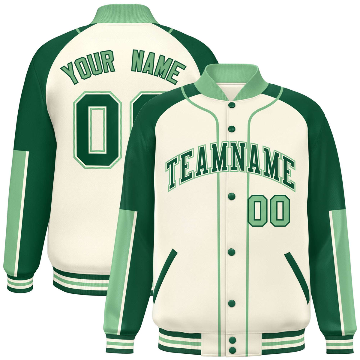 Custom Cream Green-Bright green Varsity Full-Snap Color Block Letterman Jacket