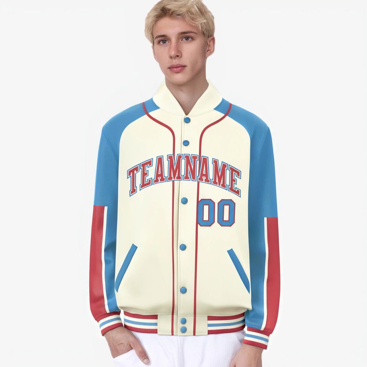 Custom Cream Light Blue-Light Red Varsity Full-Snap Color Block Letterman Jacket
