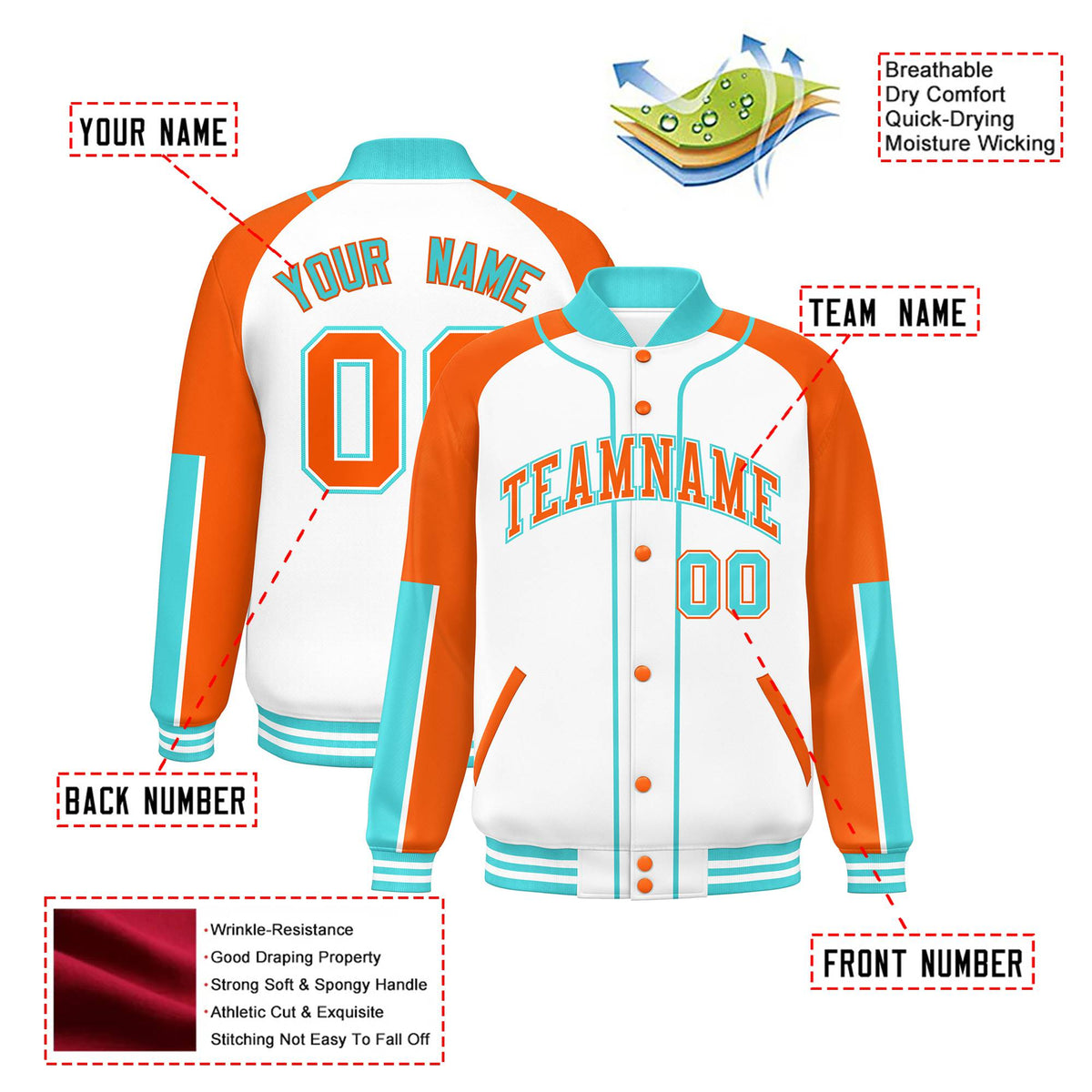 Custom White Orange-Aqua Varsity Full-Snap Color Block Letterman Jacket