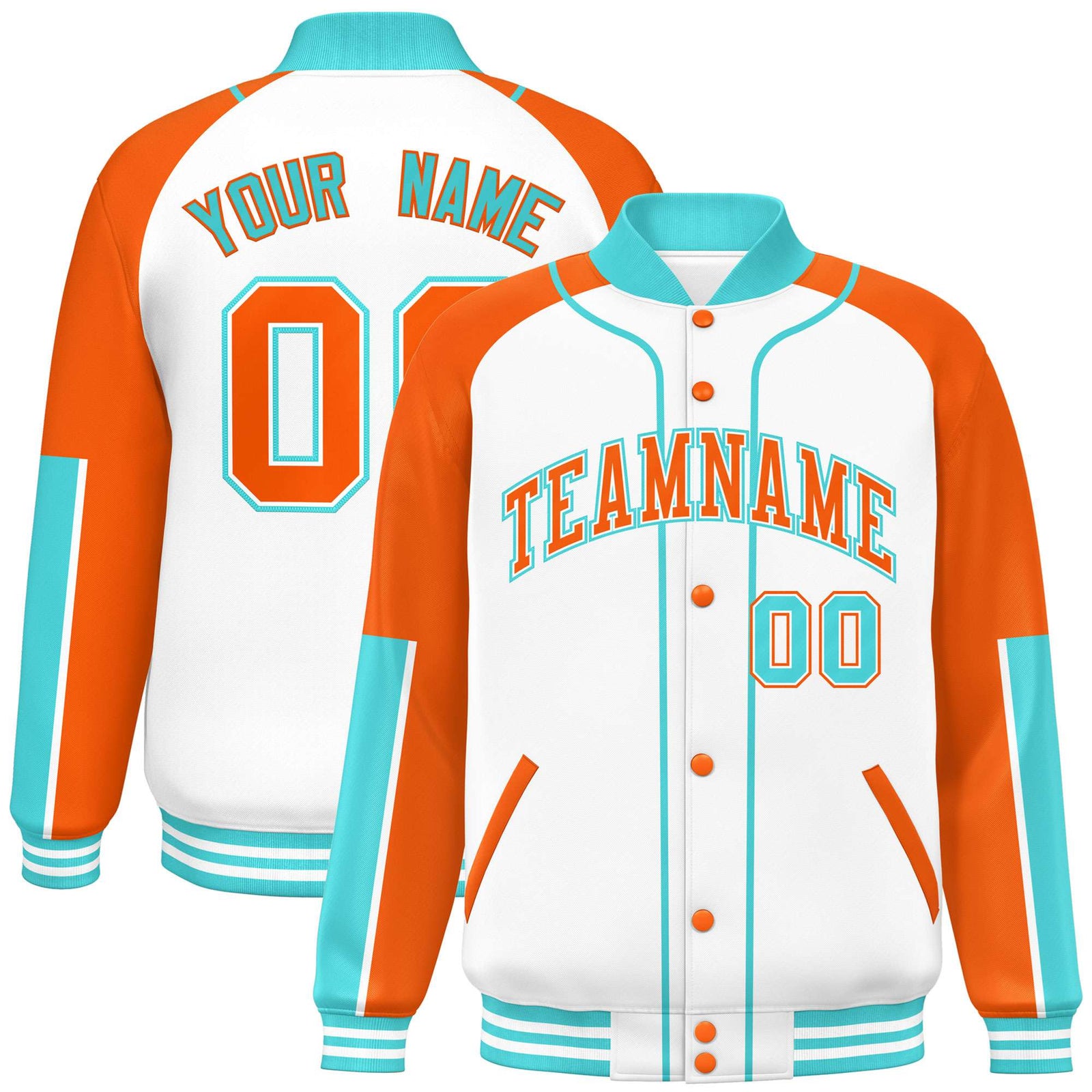 Custom White Orange-Aqua Varsity Full-Snap Color Block Letterman Jacket