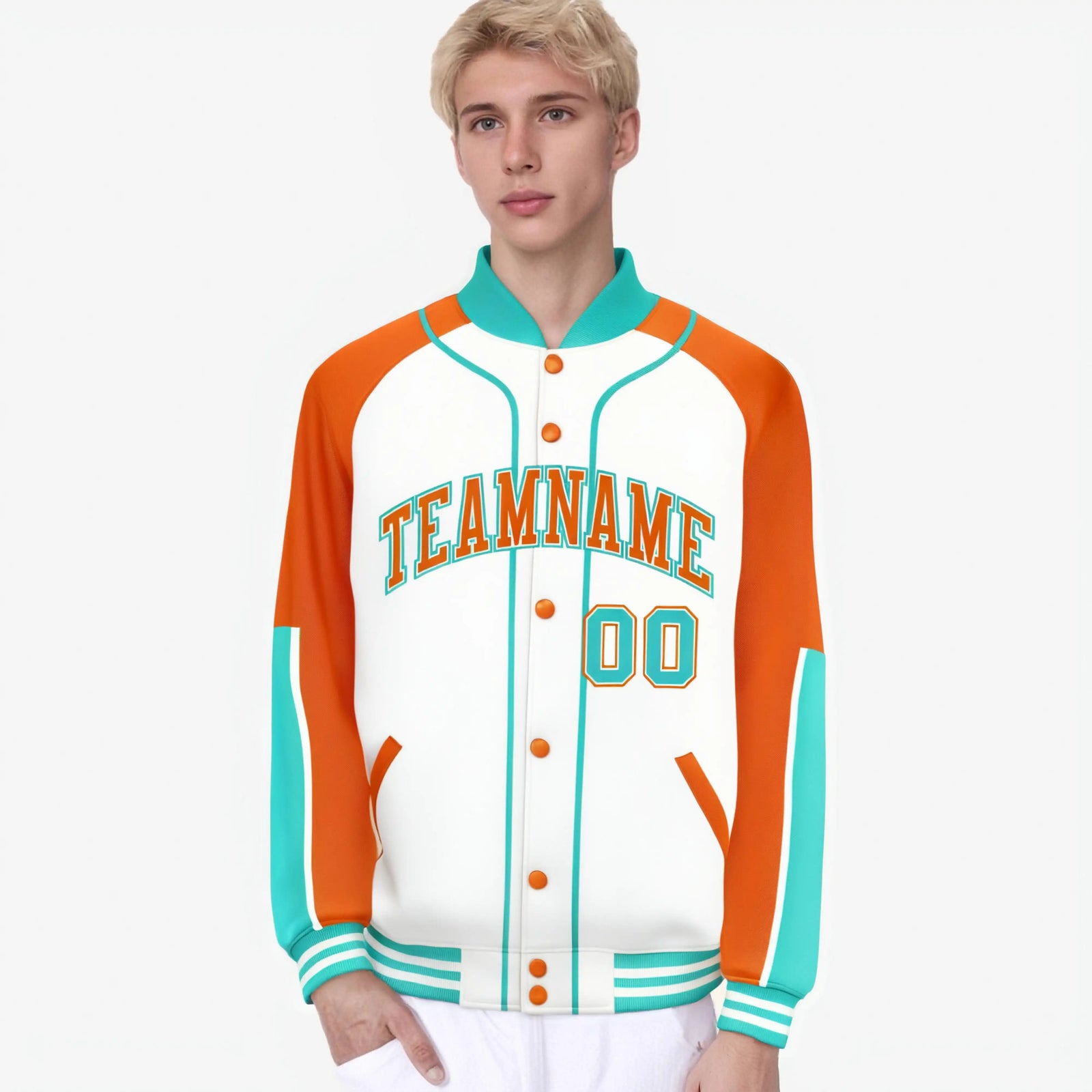 Custom White Orange-Aqua Varsity Full-Snap Color Block Letterman Jacket