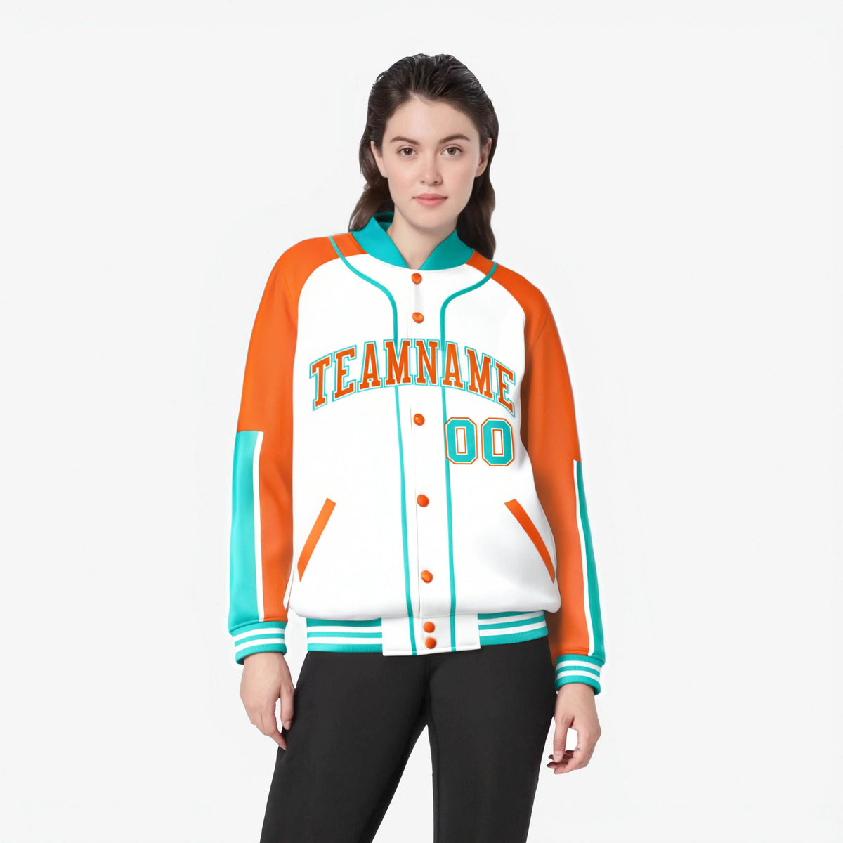 Custom White Orange-Aqua Varsity Full-Snap Color Block Letterman Jacket