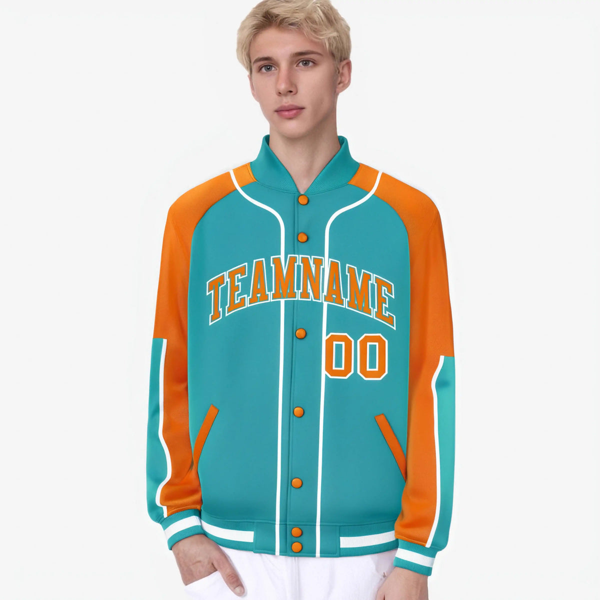 Custom Aqua Orange-Aqua Varsity Full-Snap Color Block Letterman Jacket