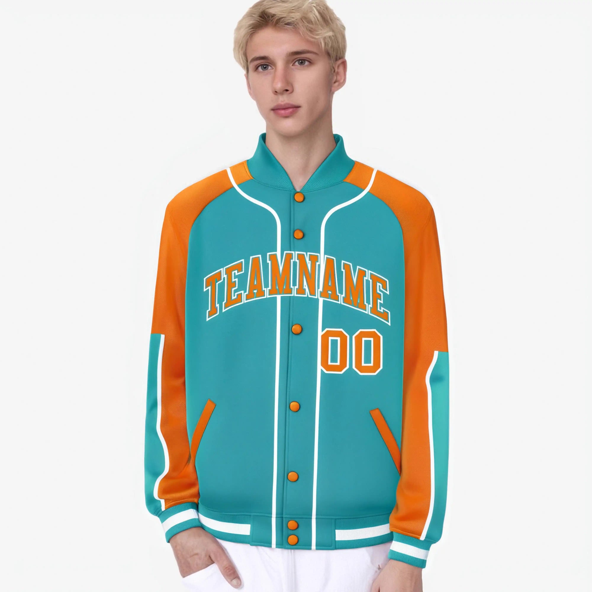 Custom Aqua Orange-Aqua Varsity Full-Snap Color Block Letterman Jacket