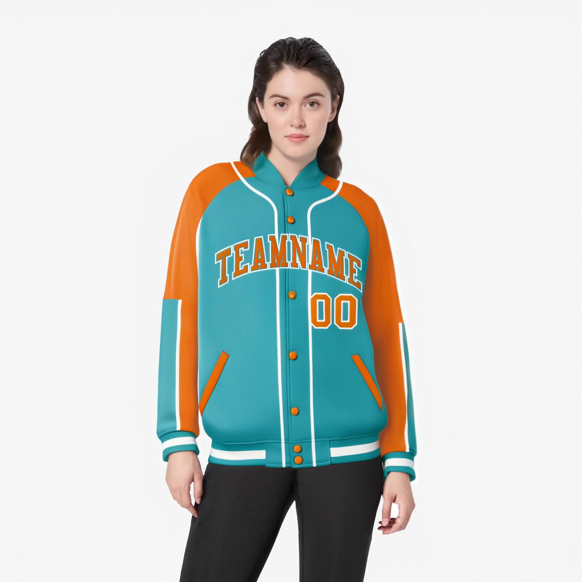 Custom Aqua Orange-Aqua Varsity Full-Snap Color Block Letterman Jacket