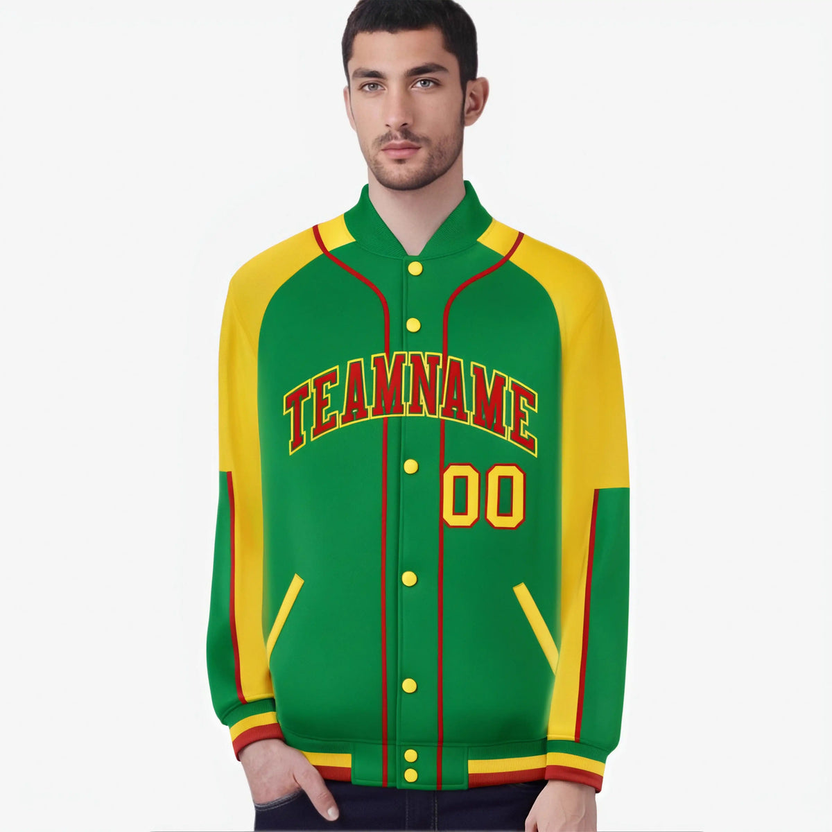 Custom Kelly Green Gold-Kelly Green Varsity Full-Snap Color Block Letterman Jacket