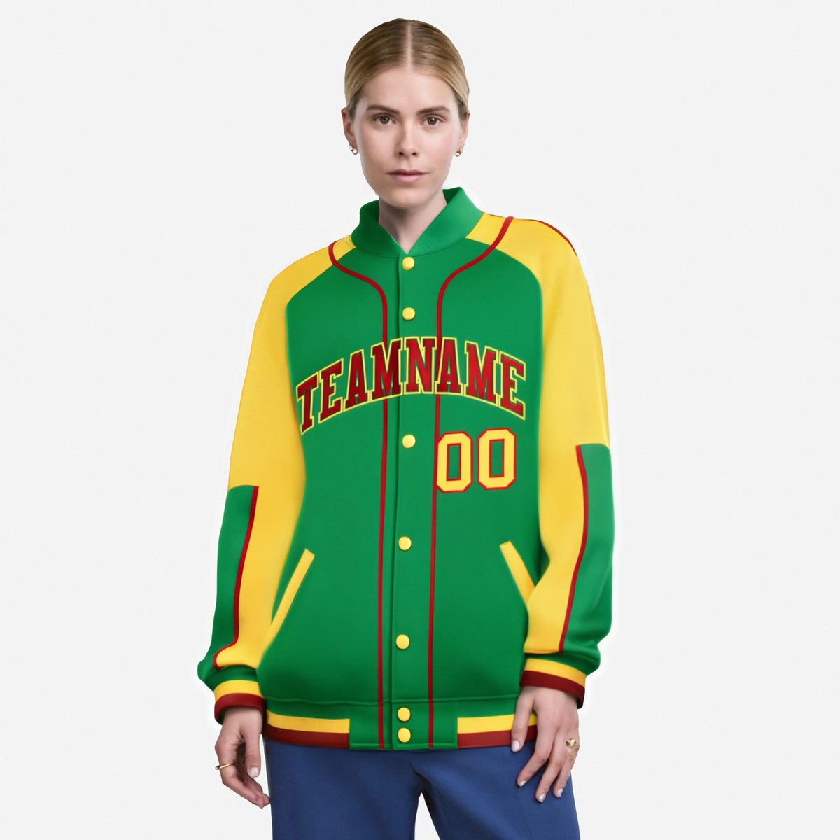 Custom Kelly Green Gold-Kelly Green Varsity Full-Snap Color Block Letterman Jacket
