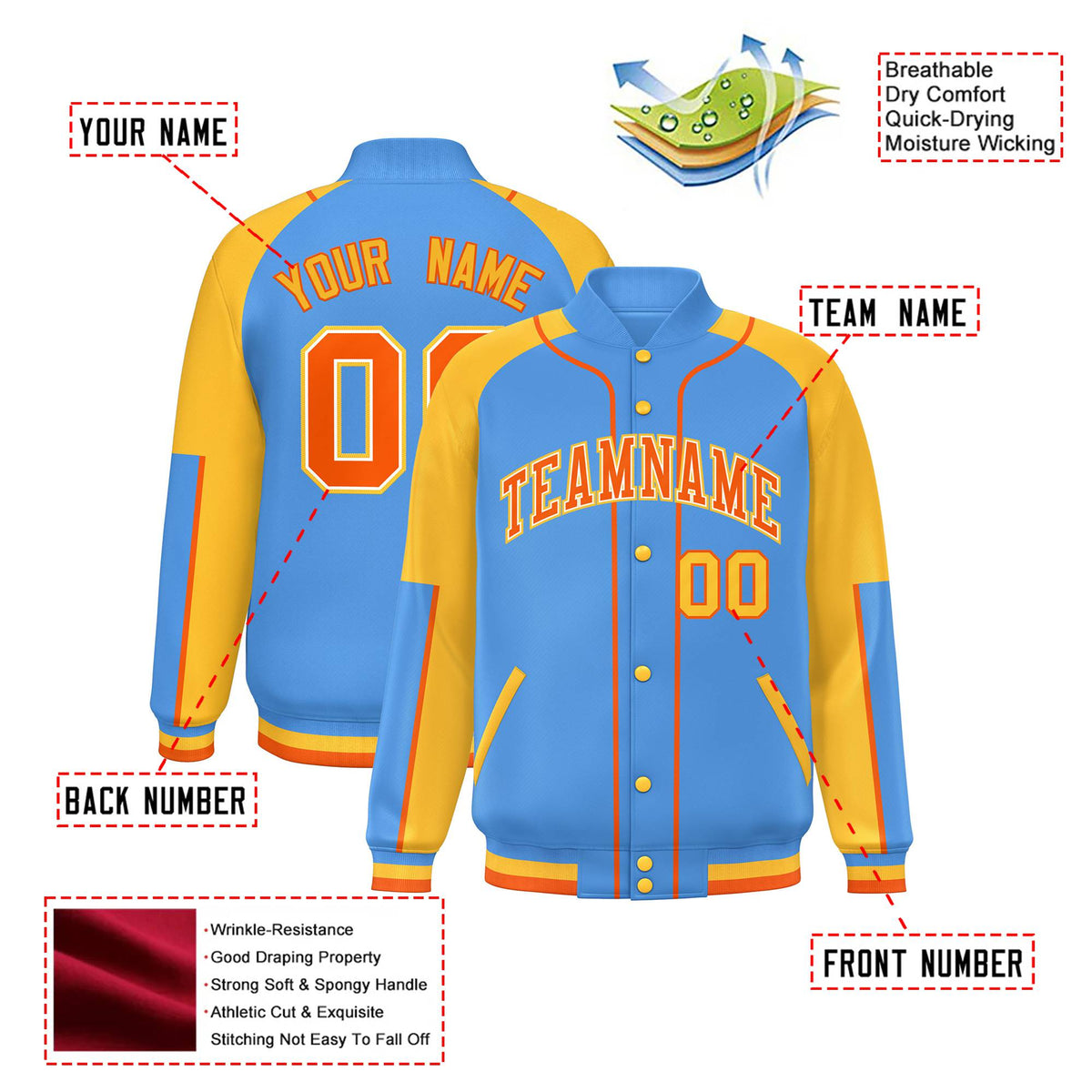 Custom Powder Blue Gold-Powder Blue Varsity Full-Snap Color Block Letterman Jacket