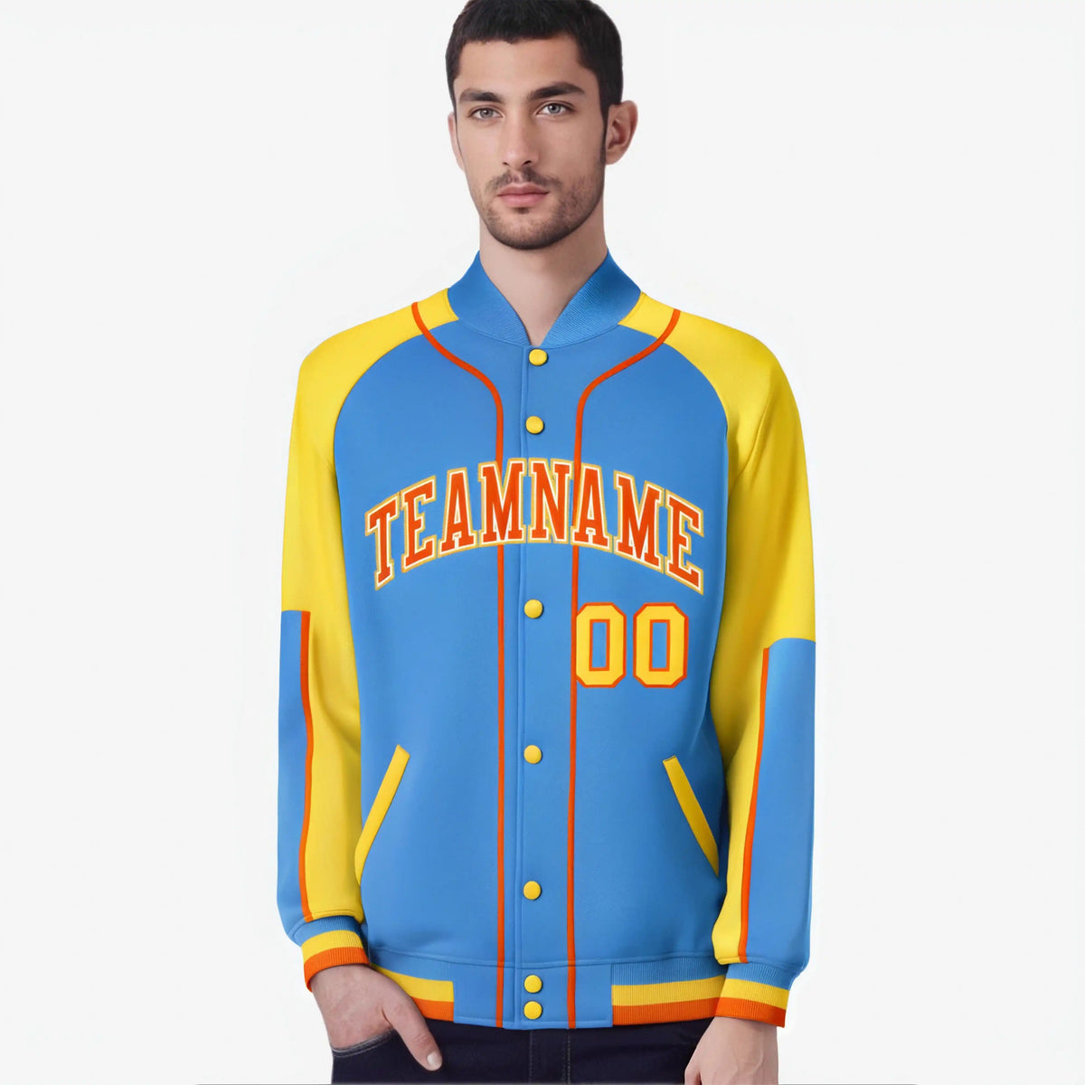 Custom Powder Blue Gold-Powder Blue Varsity Full-Snap Color Block Letterman Jacket