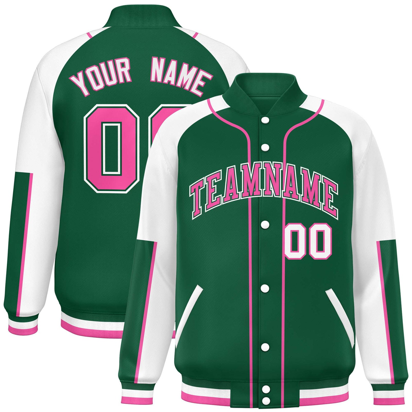 Custom Green White-Green Varsity Full-Snap Color Block Letterman Jacket
