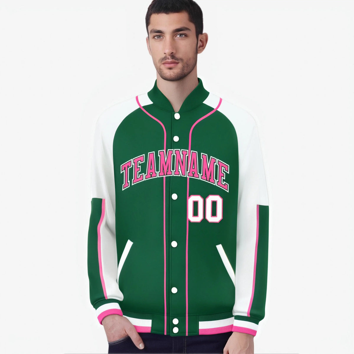 Custom Green White-Green Varsity Full-Snap Color Block Letterman Jacket