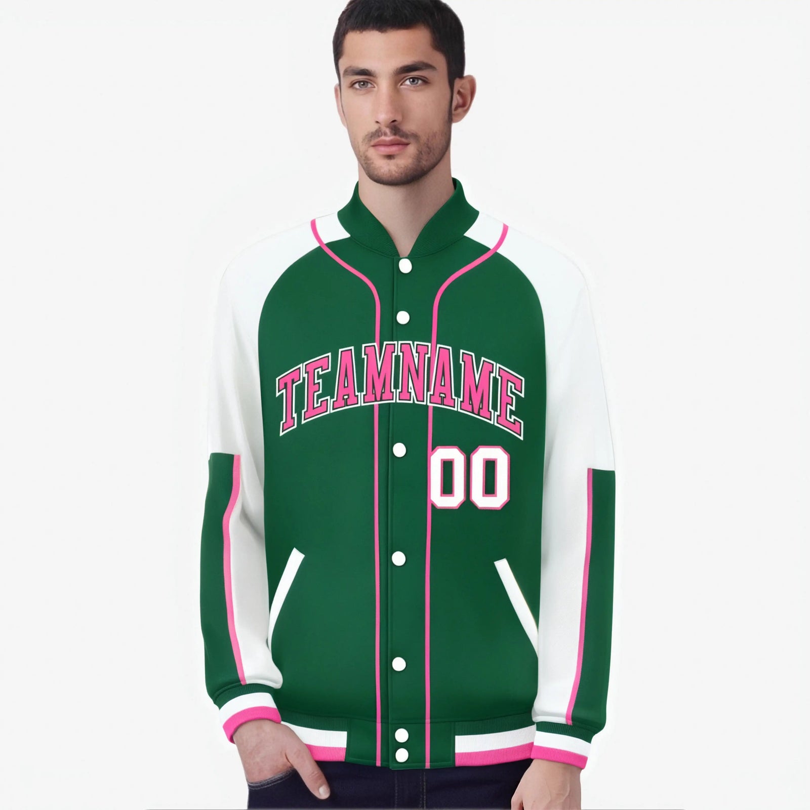Custom Green White-Green Varsity Full-Snap Color Block Letterman Jacket
