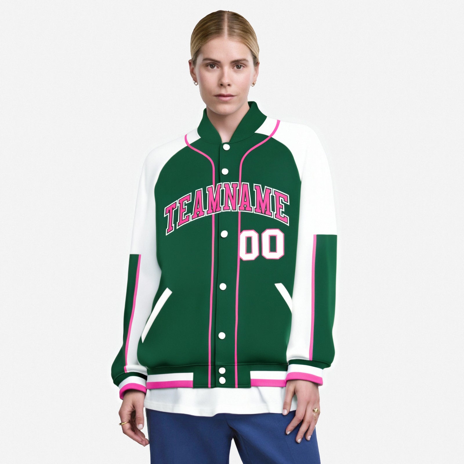 Custom Green White-Green Varsity Full-Snap Color Block Letterman Jacket