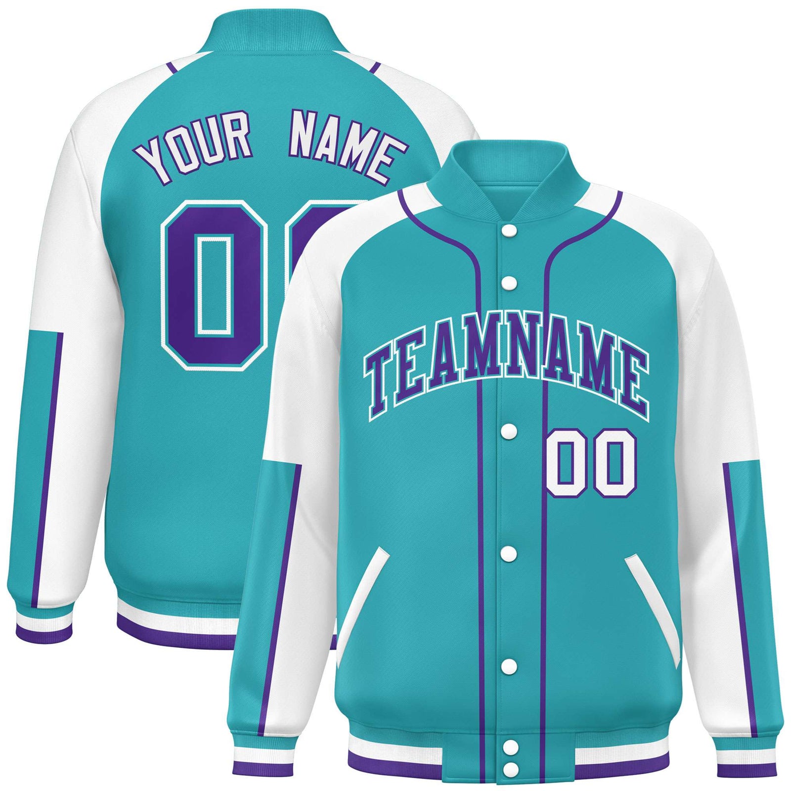 Custom Aqua White-Aqua Varsity Full-Snap Color Block Letterman Jacket