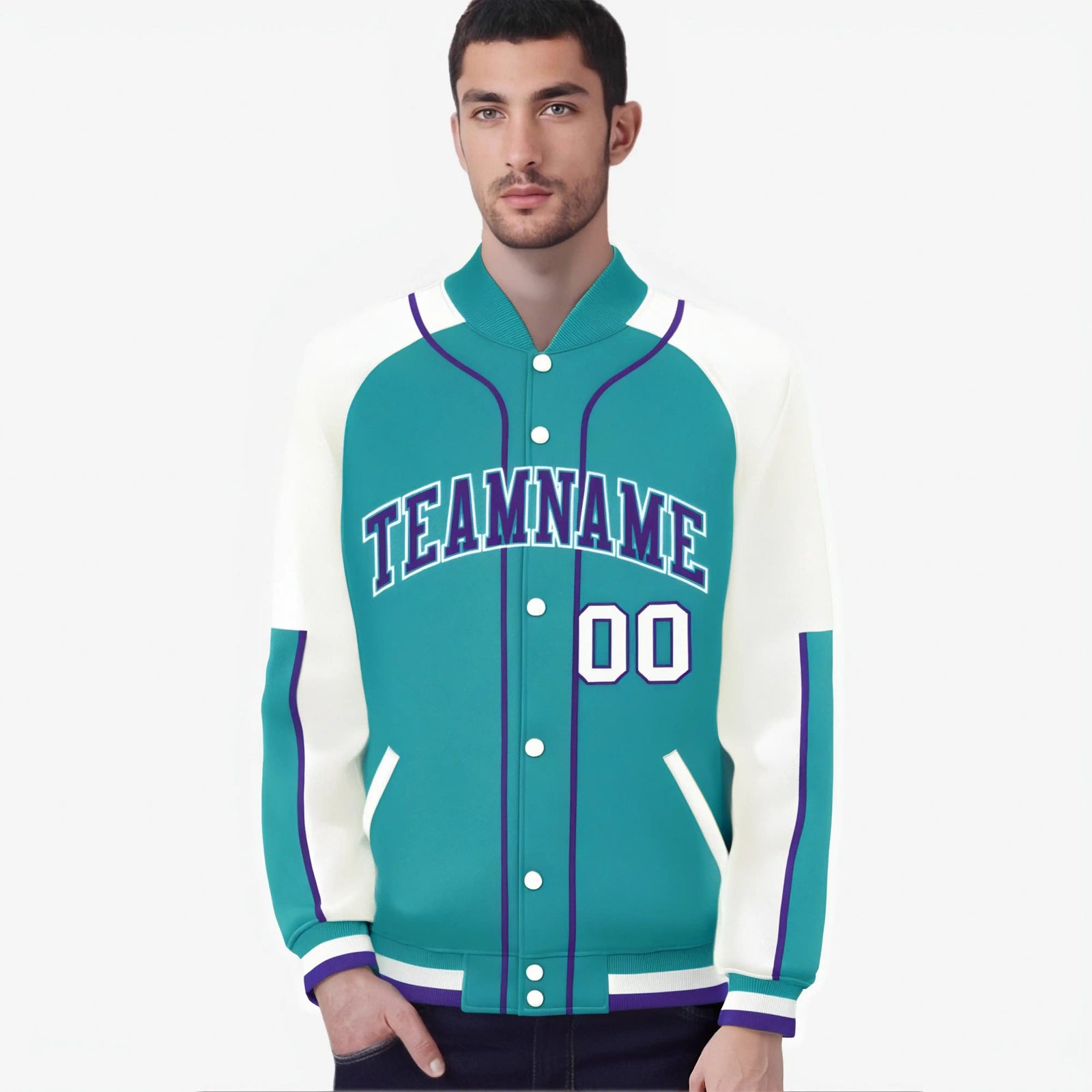 Custom Aqua White-Aqua Varsity Full-Snap Color Block Letterman Jacket