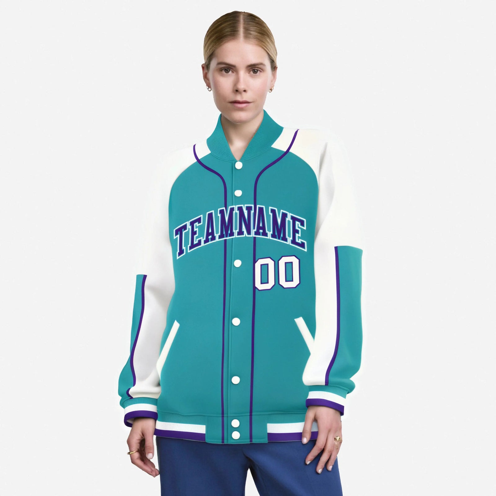 Custom Aqua White-Aqua Varsity Full-Snap Color Block Letterman Jacket
