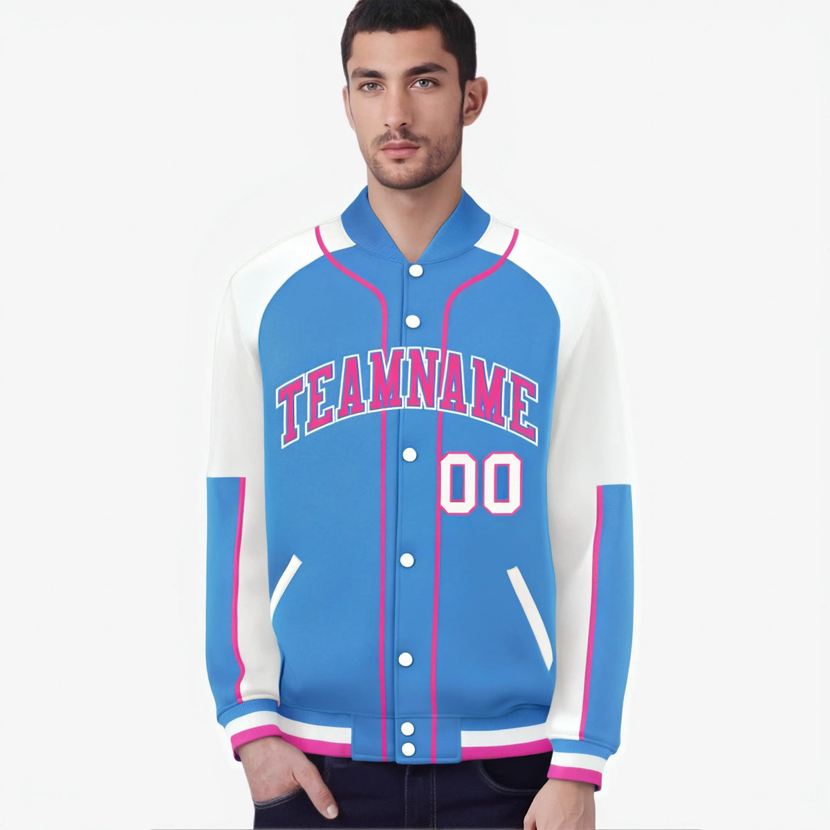 Custom Powder Blue White-Powder Blue Varsity Full-Snap Color Block Letterman Jacket