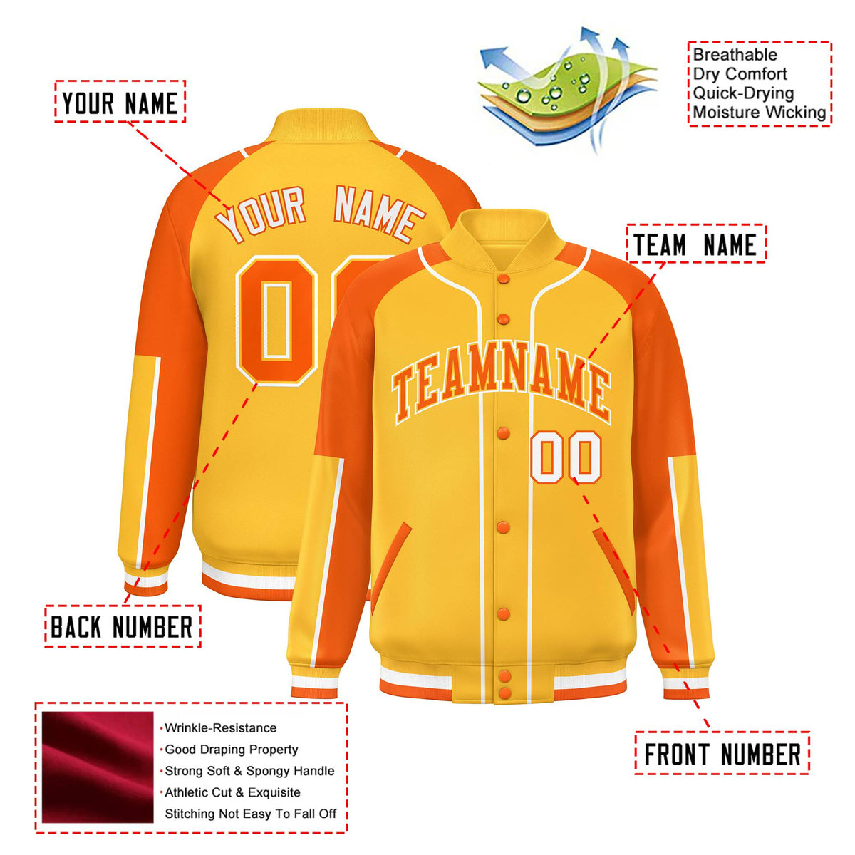Custom Gold Blue Orange-Gold Varsity Full-Snap Color Block Letterman Jacket