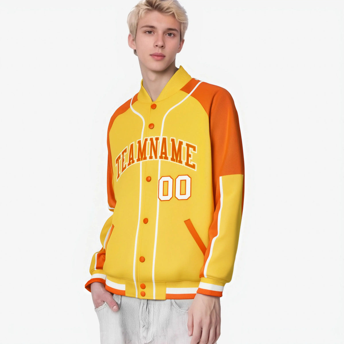 Custom Gold Blue Orange-Gold Varsity Full-Snap Color Block Letterman Jacket