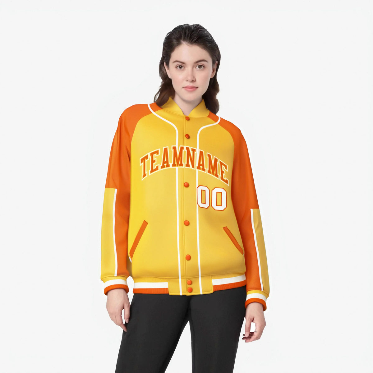 Custom Gold Blue Orange-Gold Varsity Full-Snap Color Block Letterman Jacket