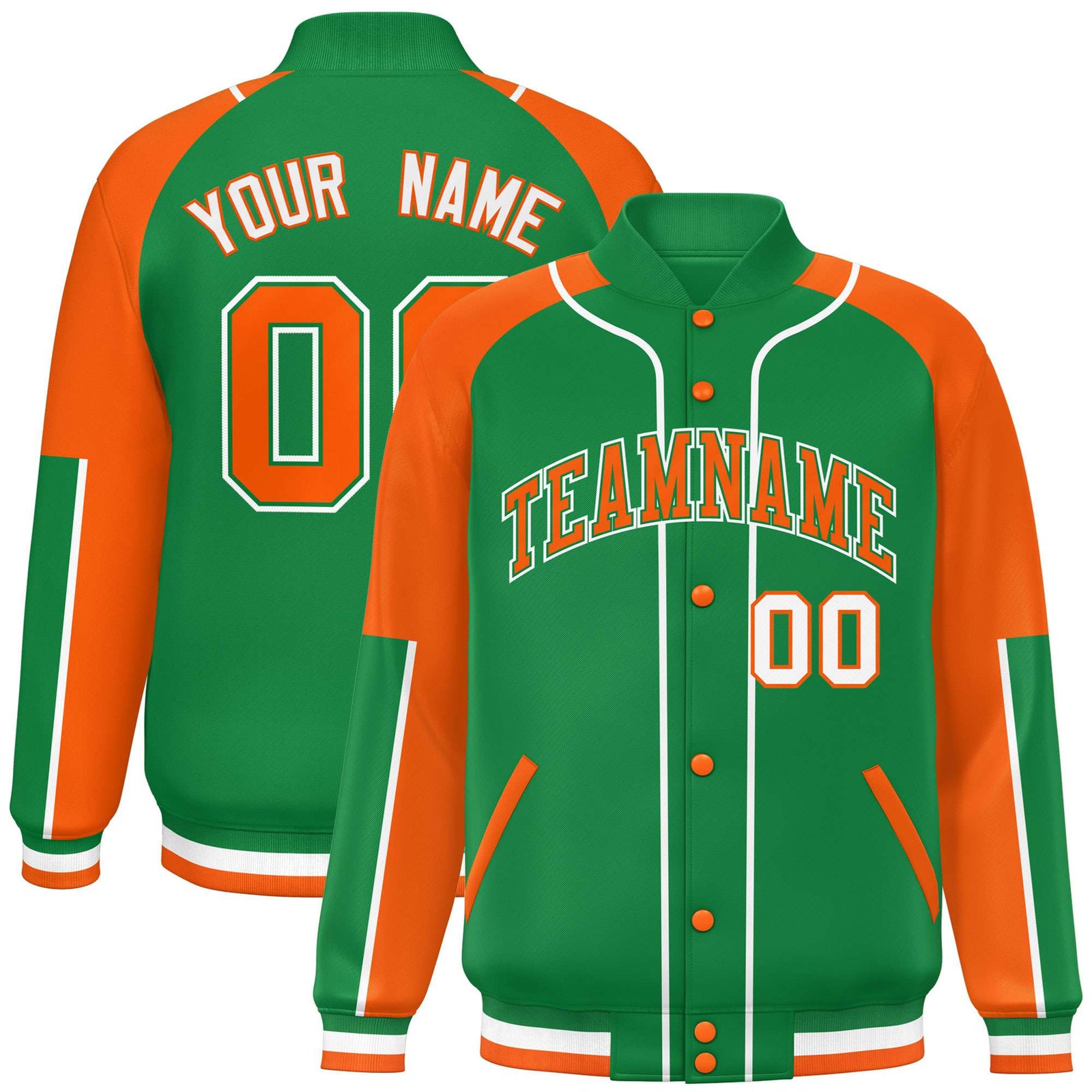 Custom Kelly Green Orange-Kelly Green Varsity Full-Snap Color Block Letterman Jacket
