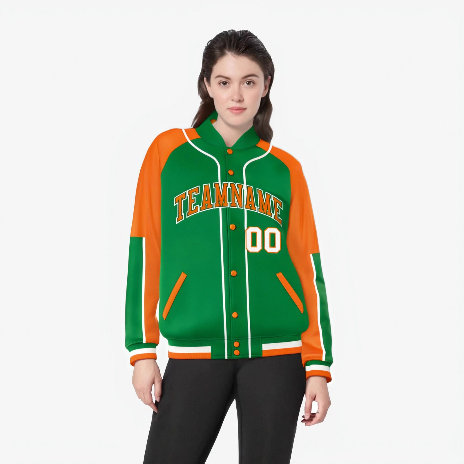 Custom Kelly Green Orange-Kelly Green Varsity Full-Snap Color Block Letterman Jacket