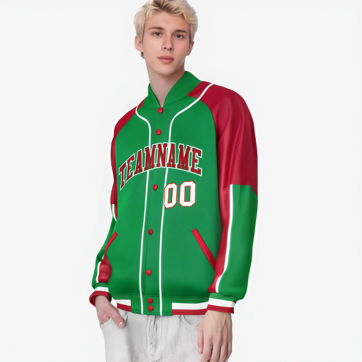 Custom Kelly Green Red-Kelly Green Varsity Full-Snap Color Block Letterman Jacket