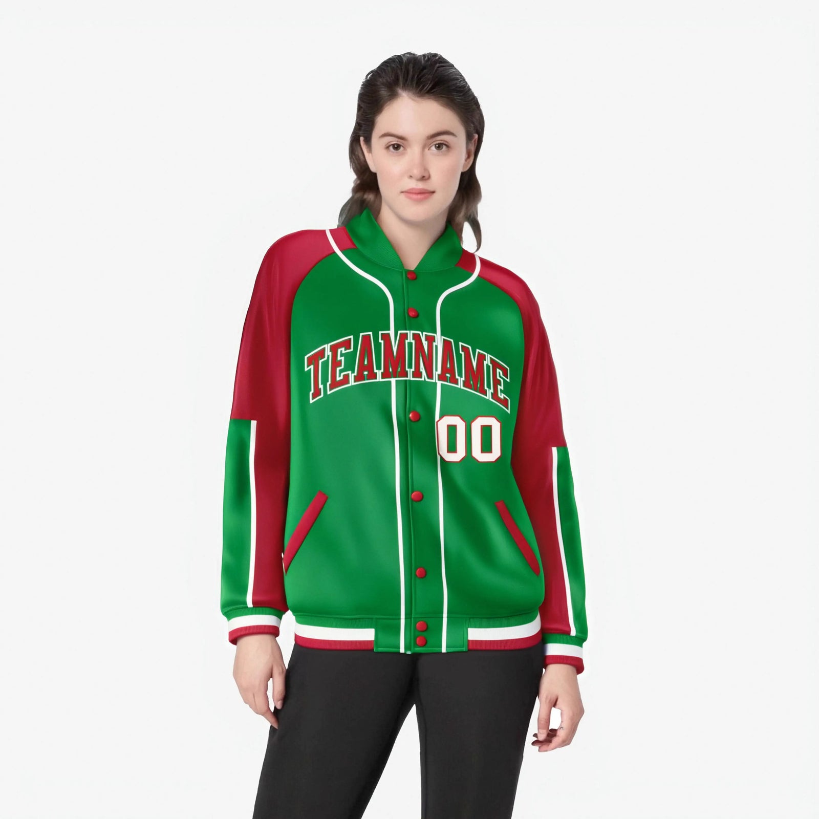 Custom Kelly Green Red-Kelly Green Varsity Full-Snap Color Block Letterman Jacket