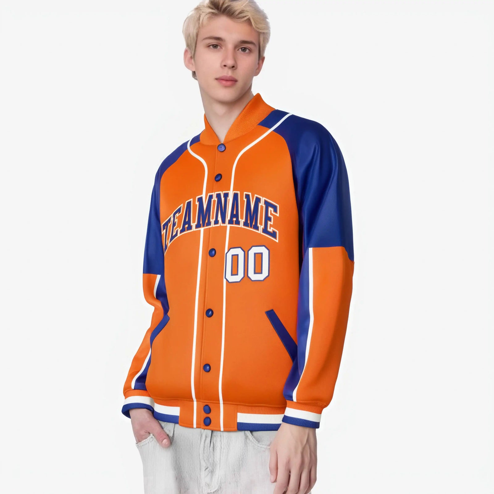 Custom Orange Royal Blue-Orange Varsity Full-Snap Color Block Letterman Jacket