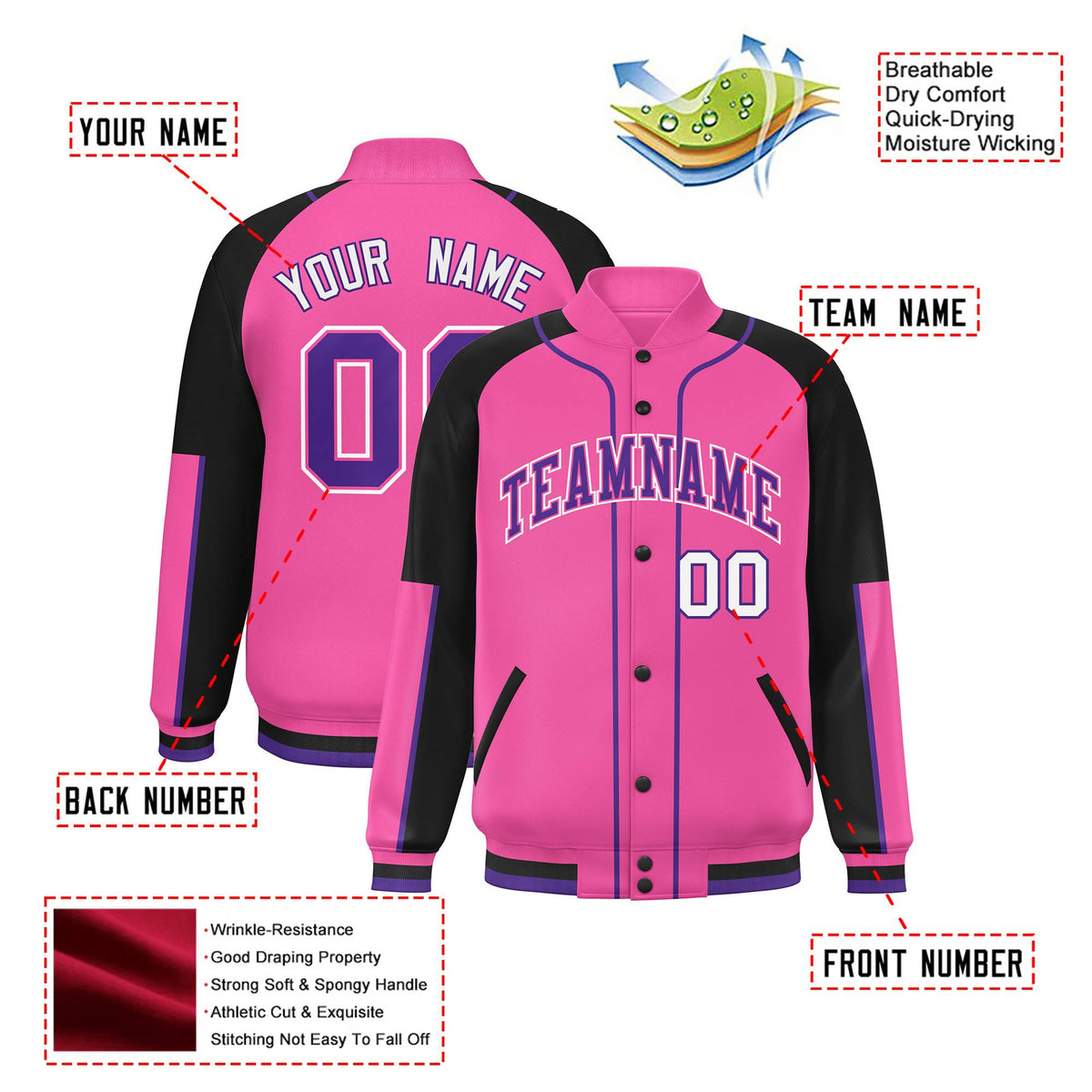 Custom Pink Black-Pink Varsity Full-Snap Color Block Letterman Jacket
