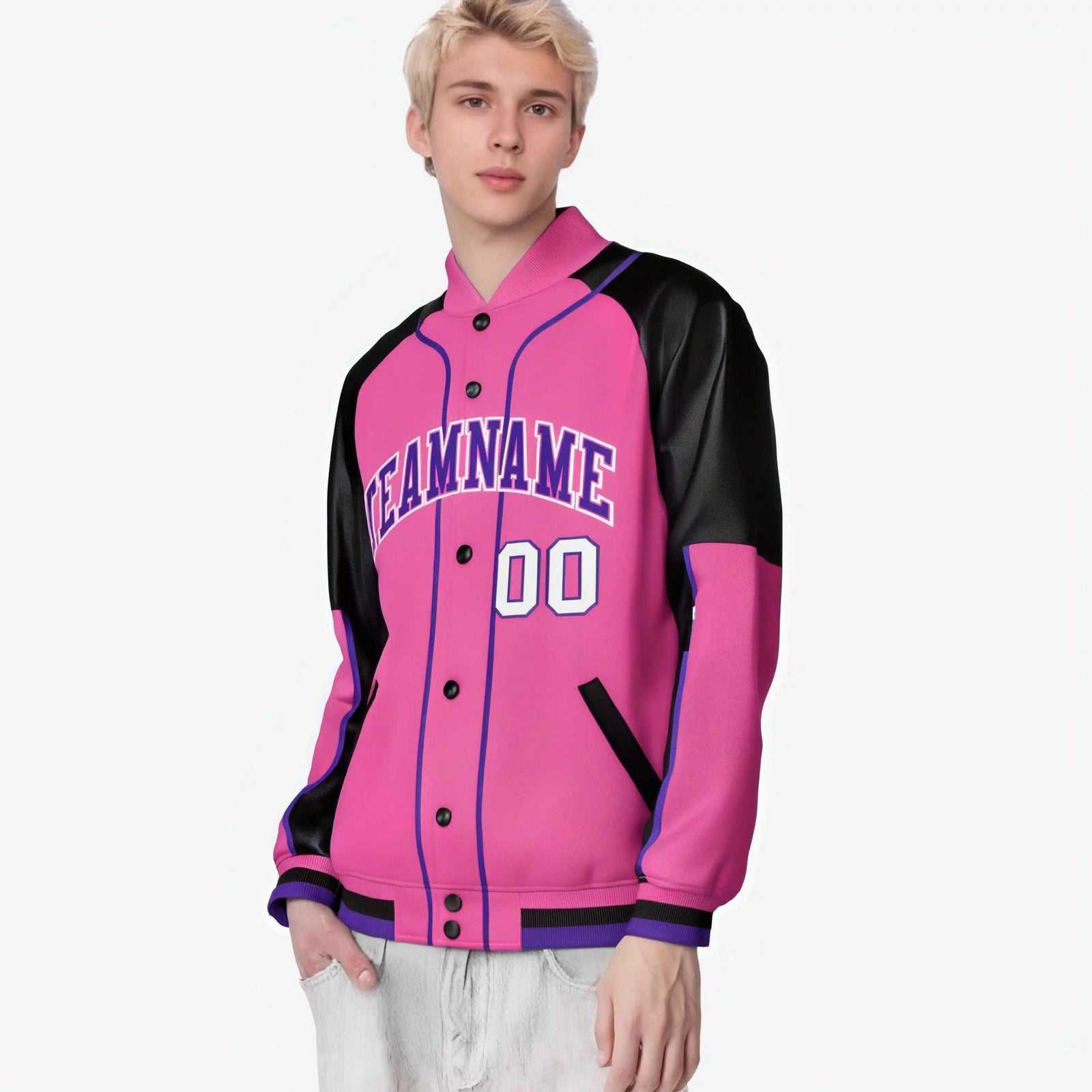 Custom Pink Black-Pink Varsity Full-Snap Color Block Letterman Jacket