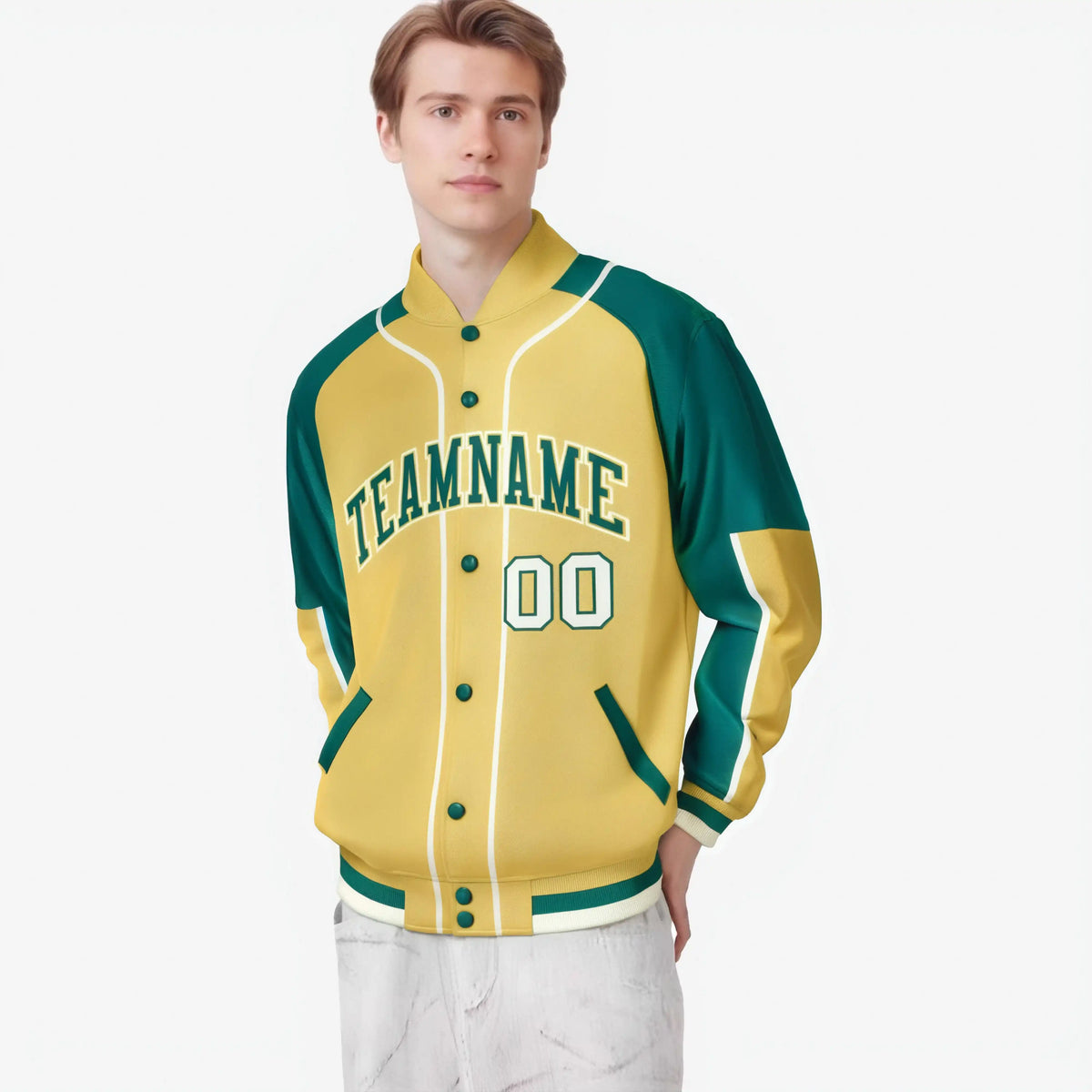 Custom Khaki Aqua-Khaki Varsity Full-Snap Color Block Letterman Jacket