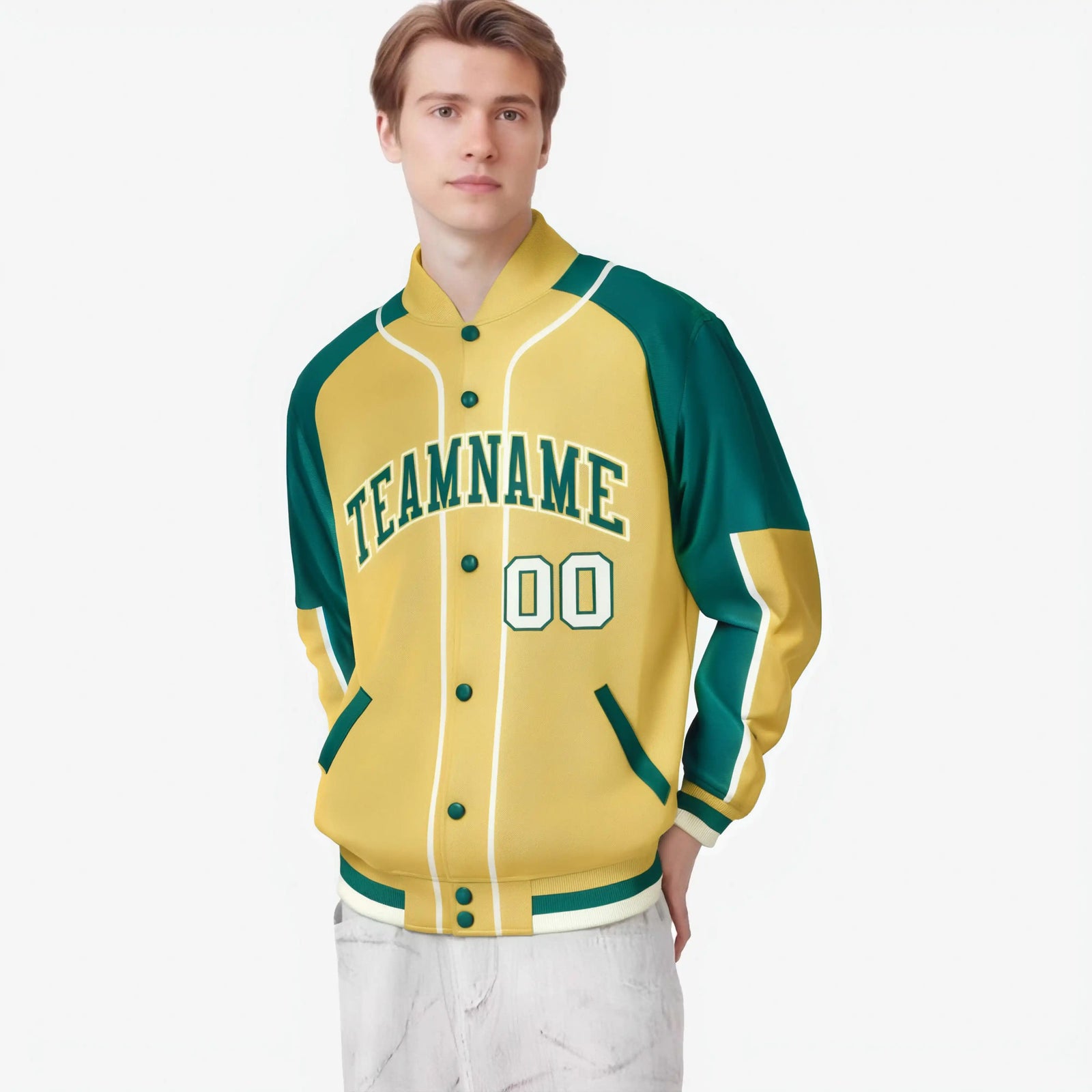 Custom Khaki Aqua-Khaki Varsity Full-Snap Color Block Letterman Jacket