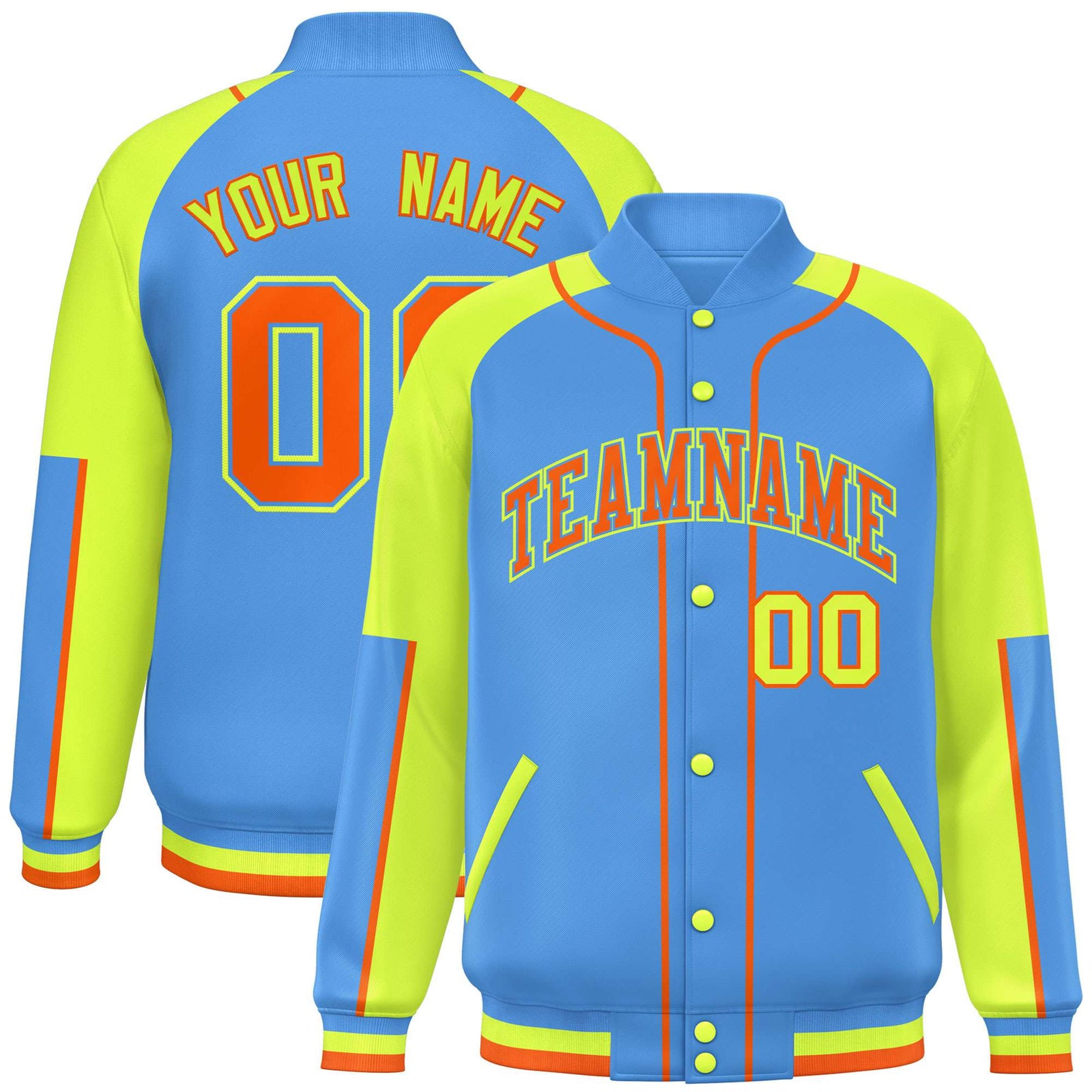 Custom Powder Blue Fluorescent Green-Powder Blue Varsity Full-Snap Color Block Letterman Jacket