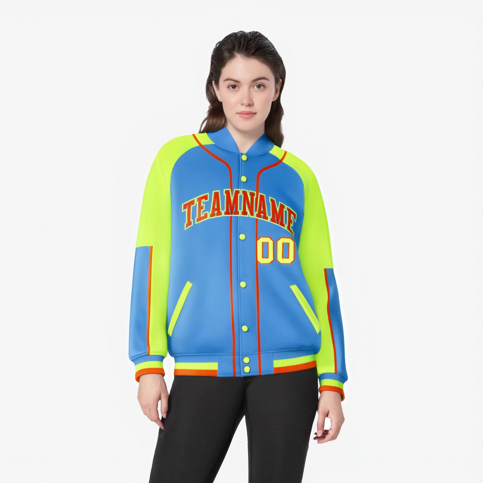 Custom Powder Blue Fluorescent Green-Powder Blue Varsity Full-Snap Color Block Letterman Jacket