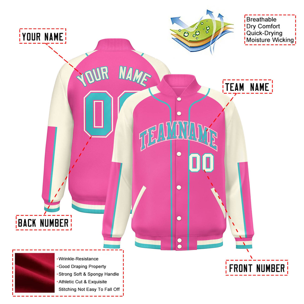 Custom Pink Cream-Pink Varsity Full-Snap Color Block Letterman Jacket
