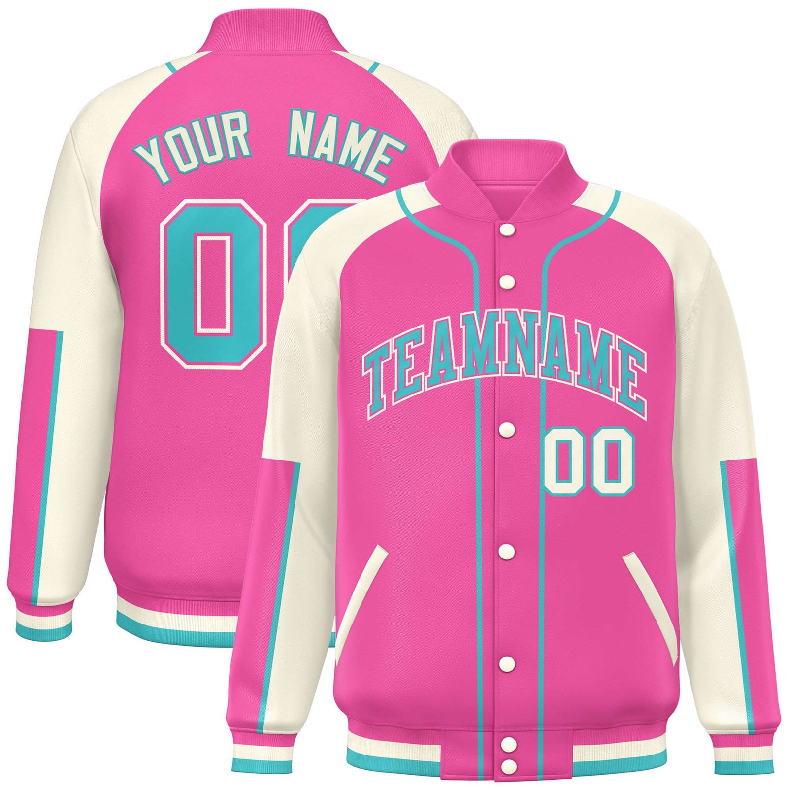 Custom Pink Cream-Pink Varsity Full-Snap Color Block Letterman Jacket