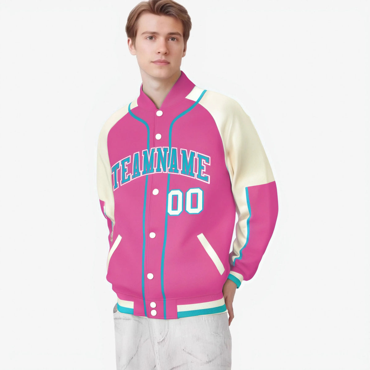 Custom Pink Cream-Pink Varsity Full-Snap Color Block Letterman Jacket