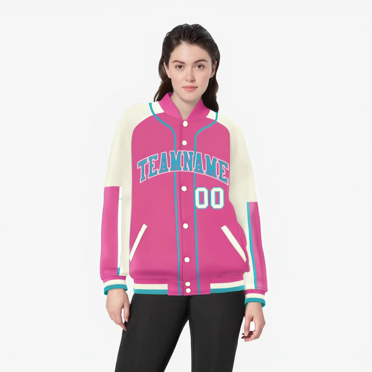 Custom Pink Cream-Pink Varsity Full-Snap Color Block Letterman Jacket