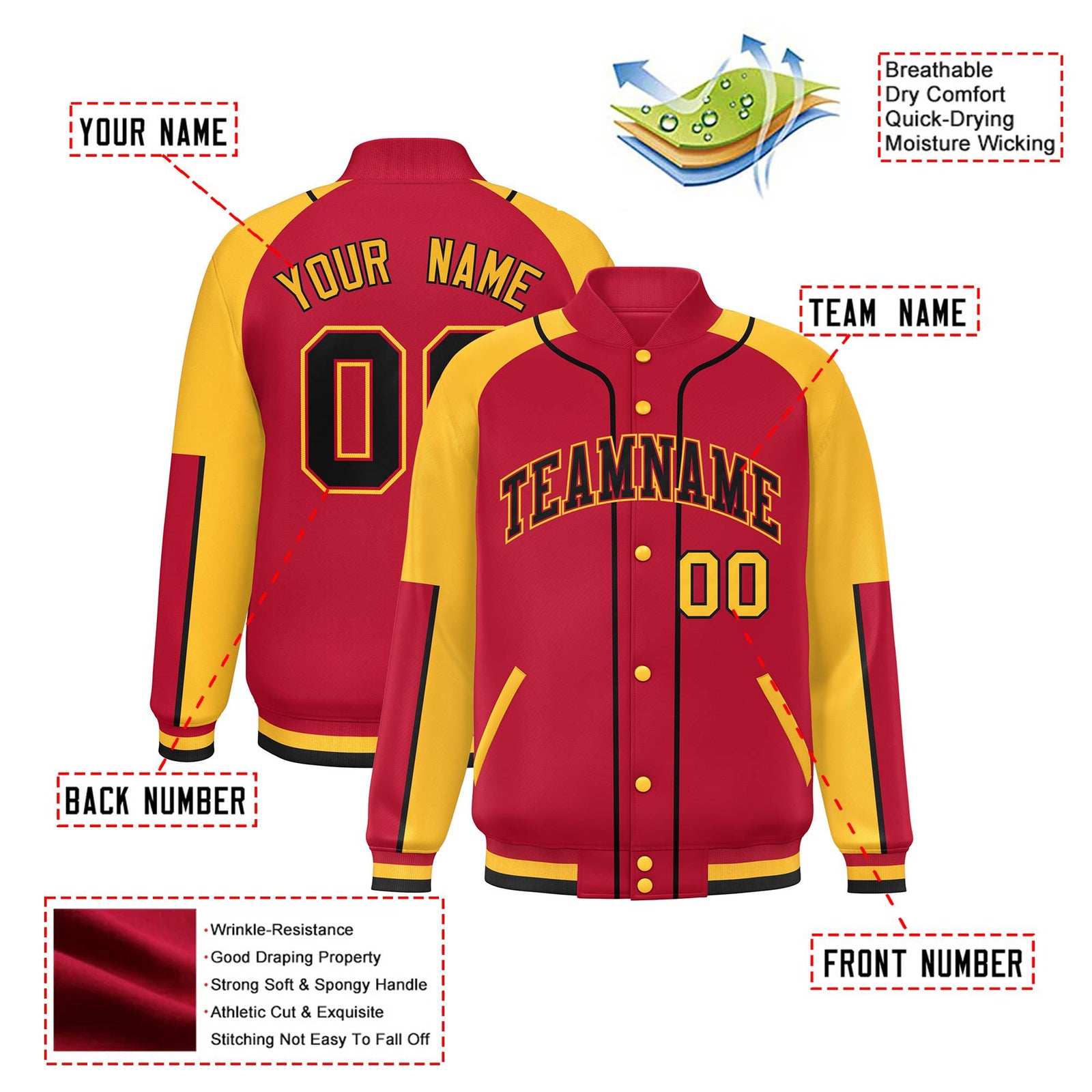 Custom Red Yellow-Red Varsity Full-Snap Color Block Letterman Jacket