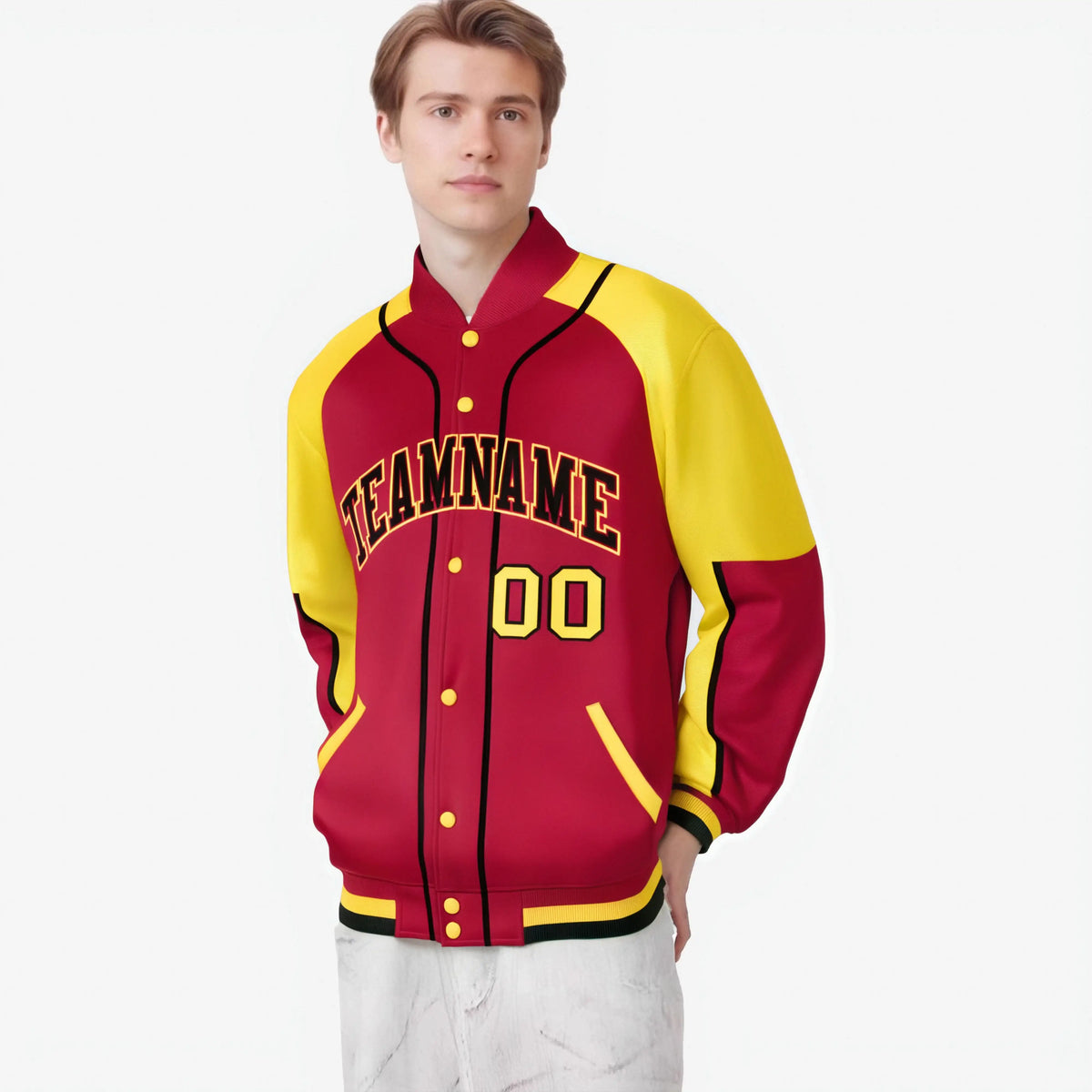 Custom Red Yellow-Red Varsity Full-Snap Color Block Letterman Jacket