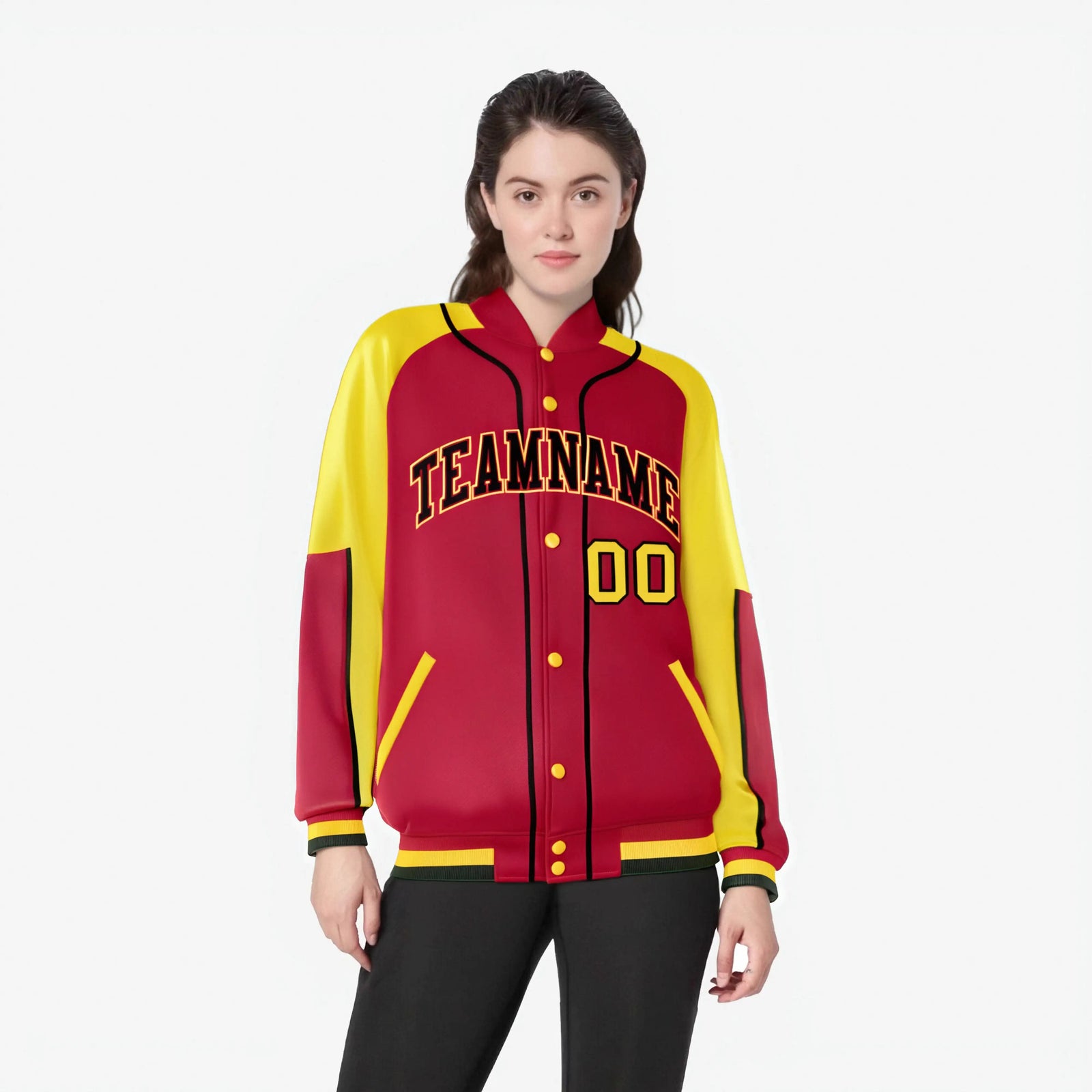 Custom Red Yellow-Red Varsity Full-Snap Color Block Letterman Jacket