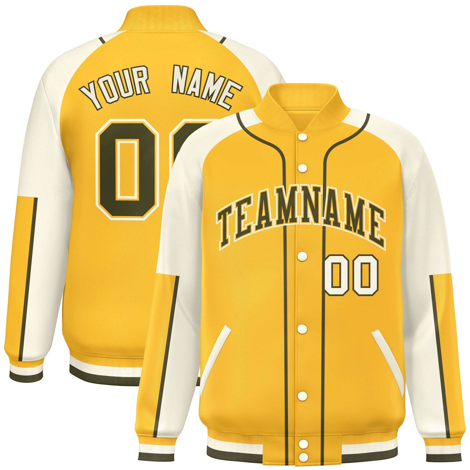 Custom Gold Cream-Gold Varsity Full-Snap Color Block Letterman Jacket