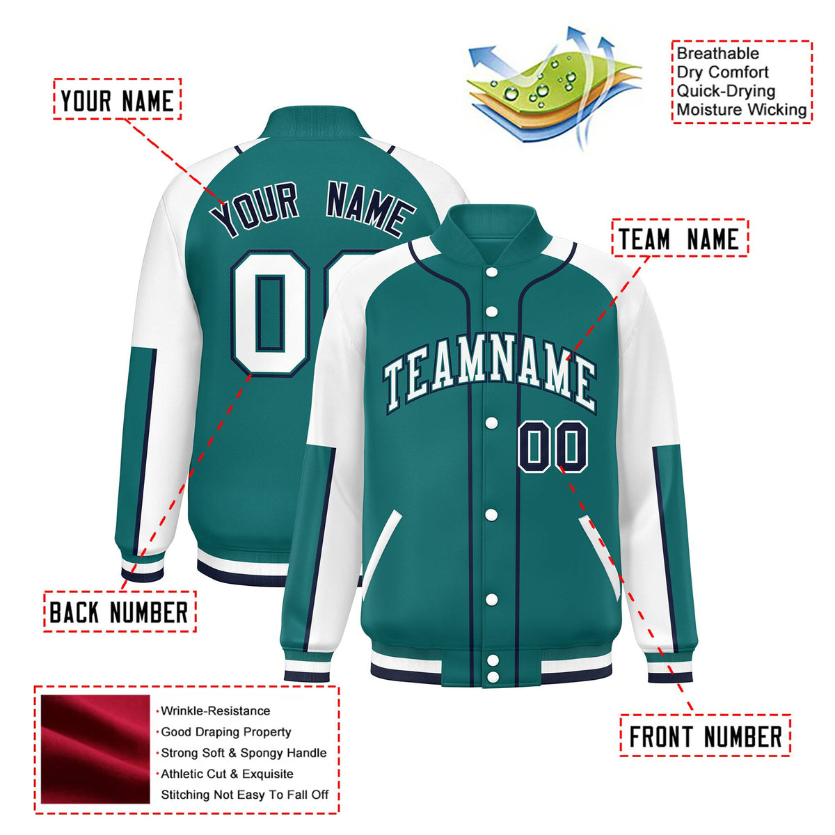 Custom Aqua White-Aqua Varsity Full-Snap Color Block Letterman Jacket
