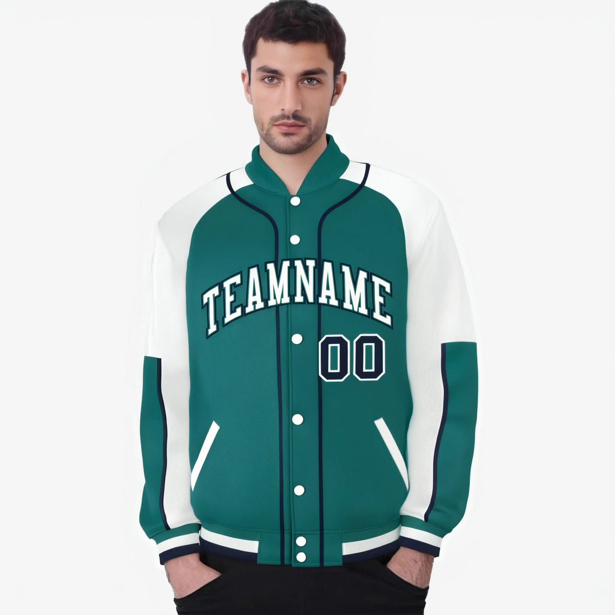 Custom Aqua White-Aqua Varsity Full-Snap Color Block Letterman Jacket