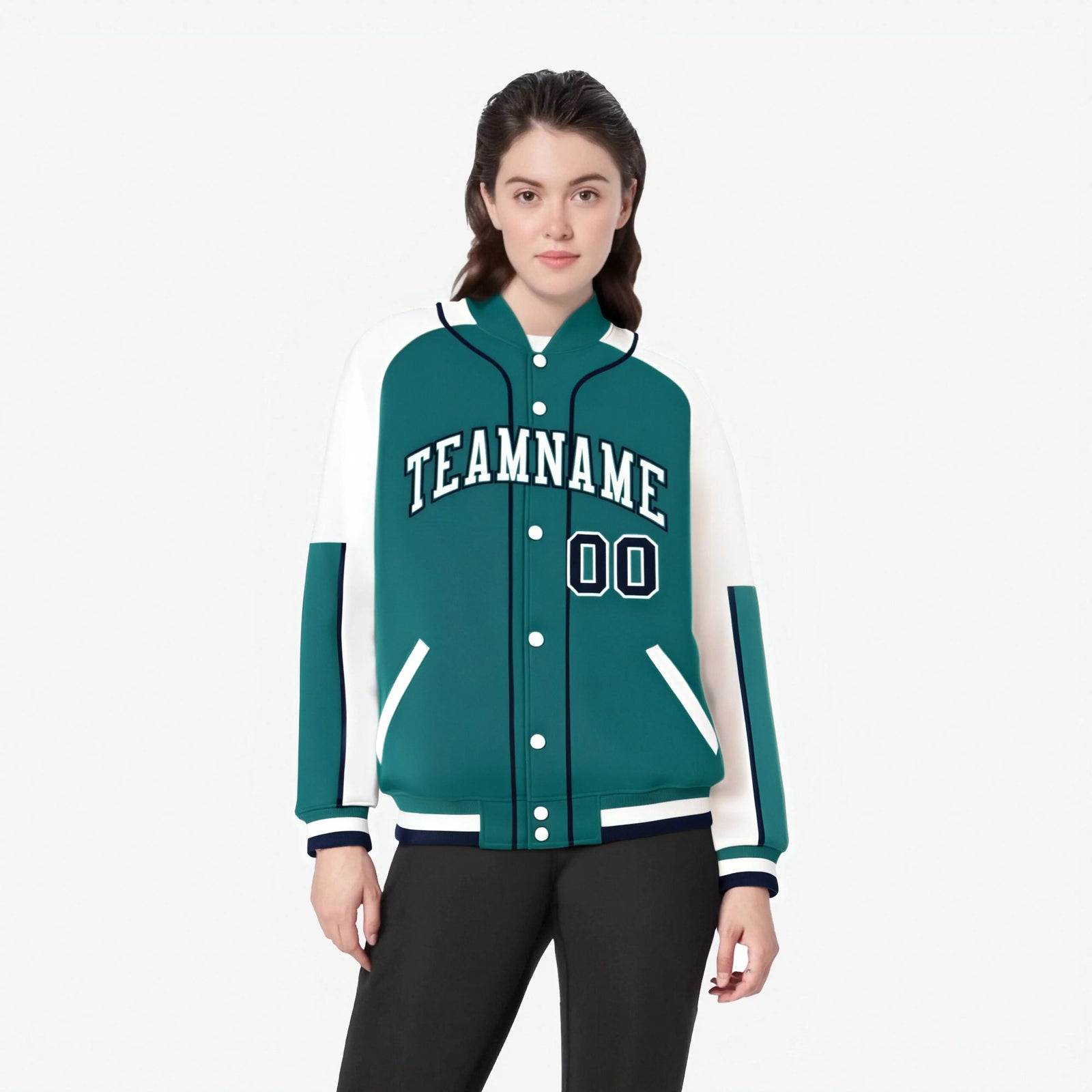 Custom Aqua White-Aqua Varsity Full-Snap Color Block Letterman Jacket