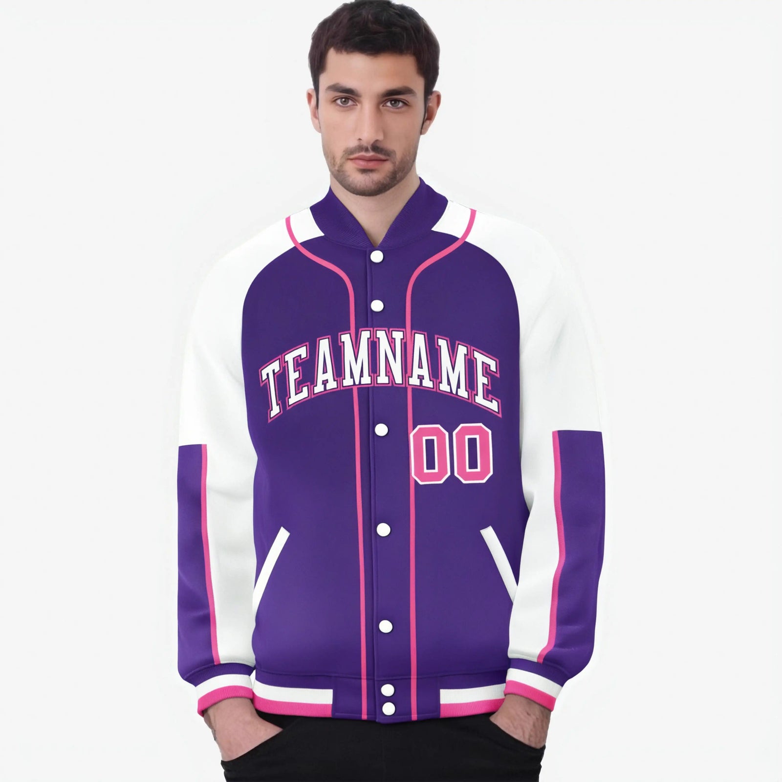 Custom Purple White-Purple Varsity Full-Snap Color Block Letterman Jacket