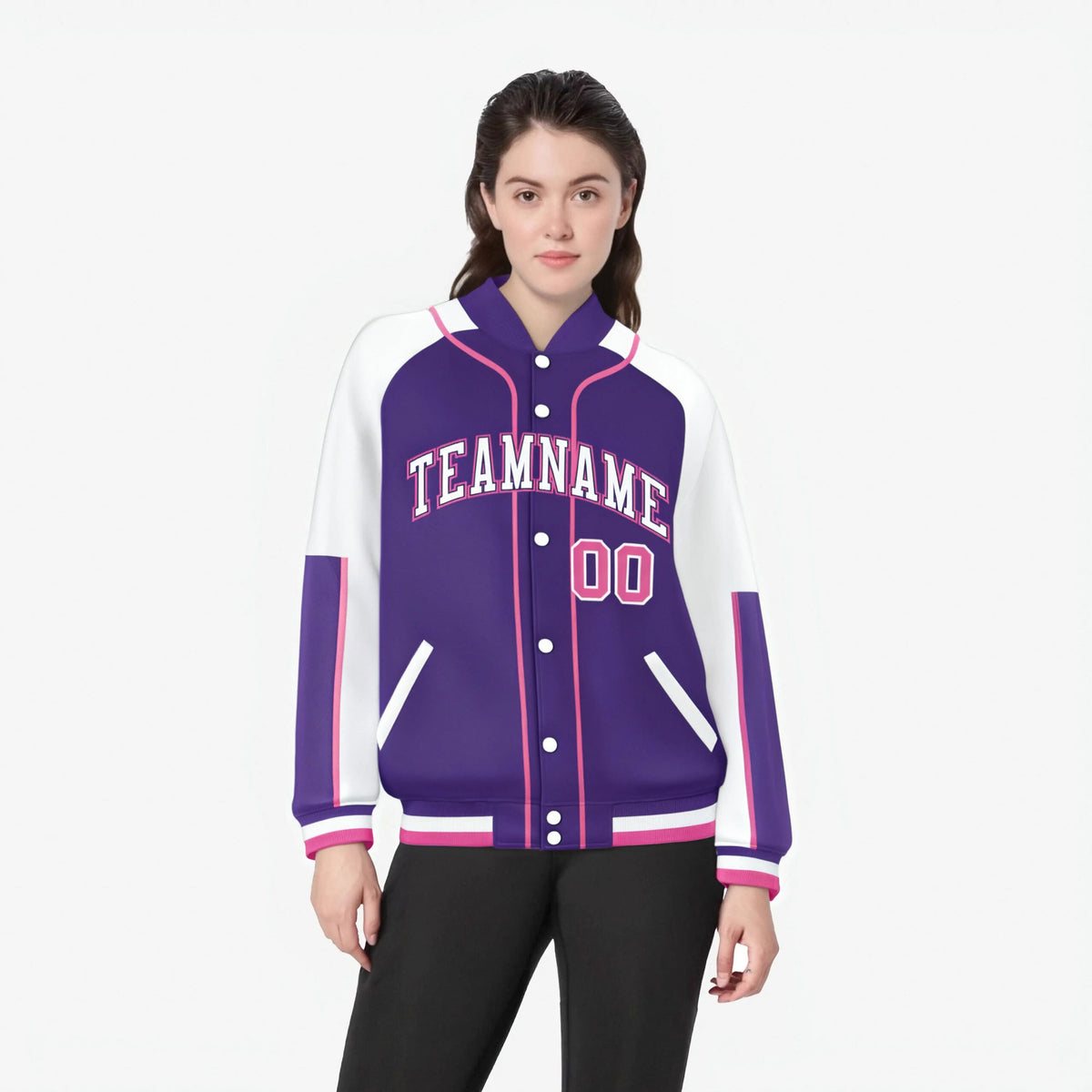 Custom Purple White-Purple Varsity Full-Snap Color Block Letterman Jacket